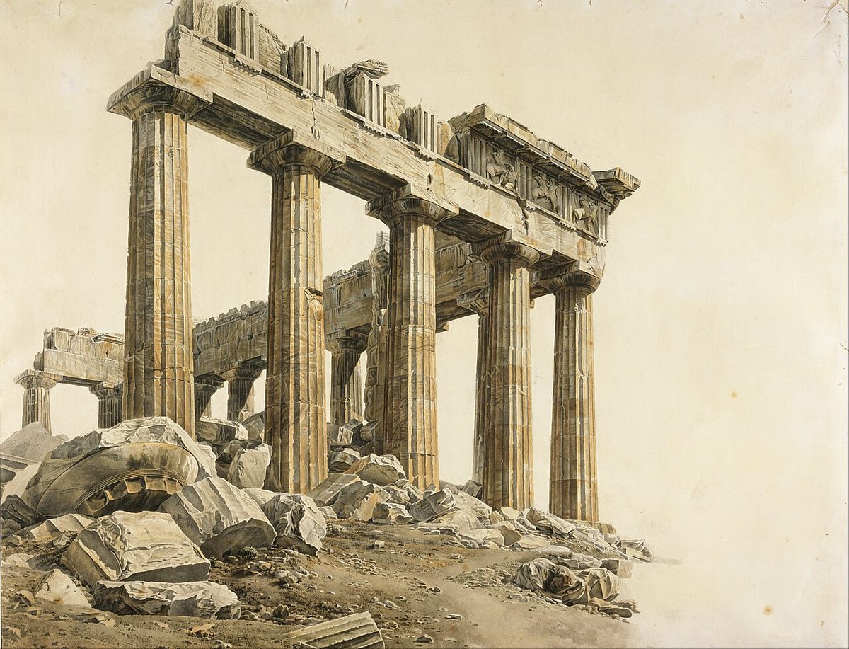 Elgin'in Atina'daki ressamı Giovanni Battista Lusieri'nin Parthenon'un güneydoğu köşesini gösteren resmi