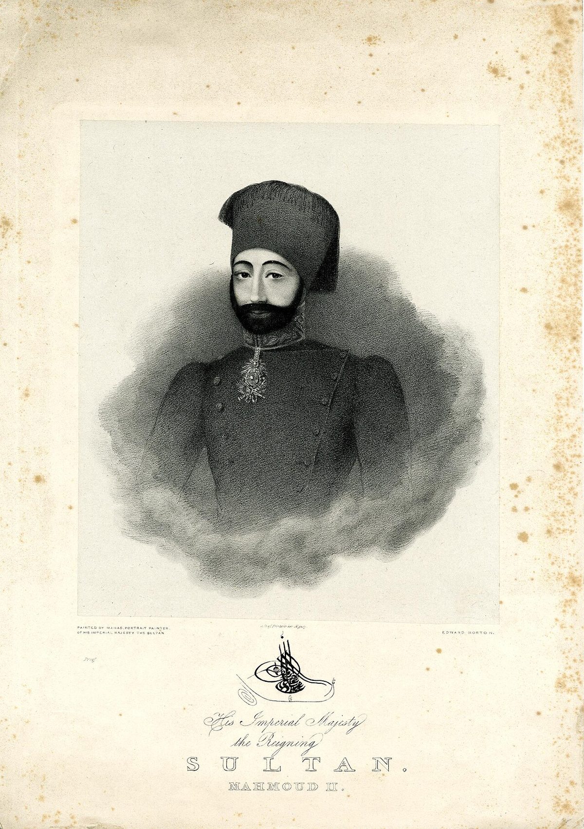 Fesli ve Avrupai giysili II. Mahmud'u gösteren bir baskı