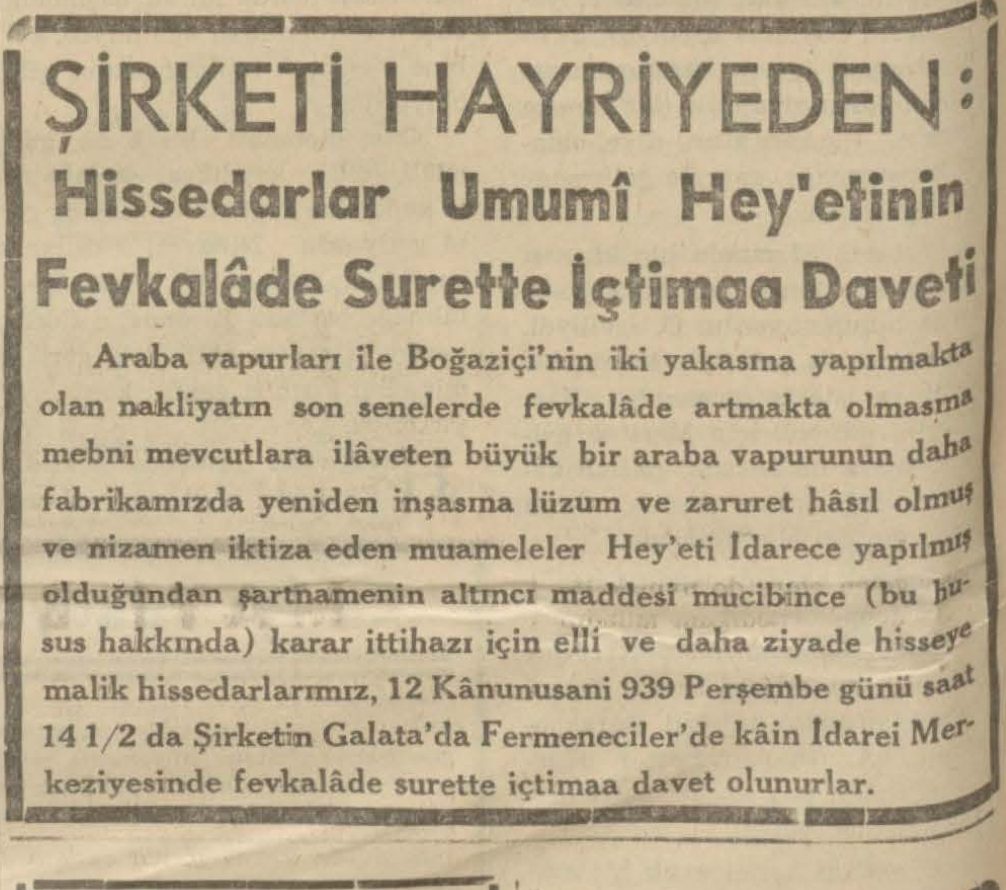 Şirket-i Hayriye hissedarlarını olağanüstü genel kurula çağıran ilan