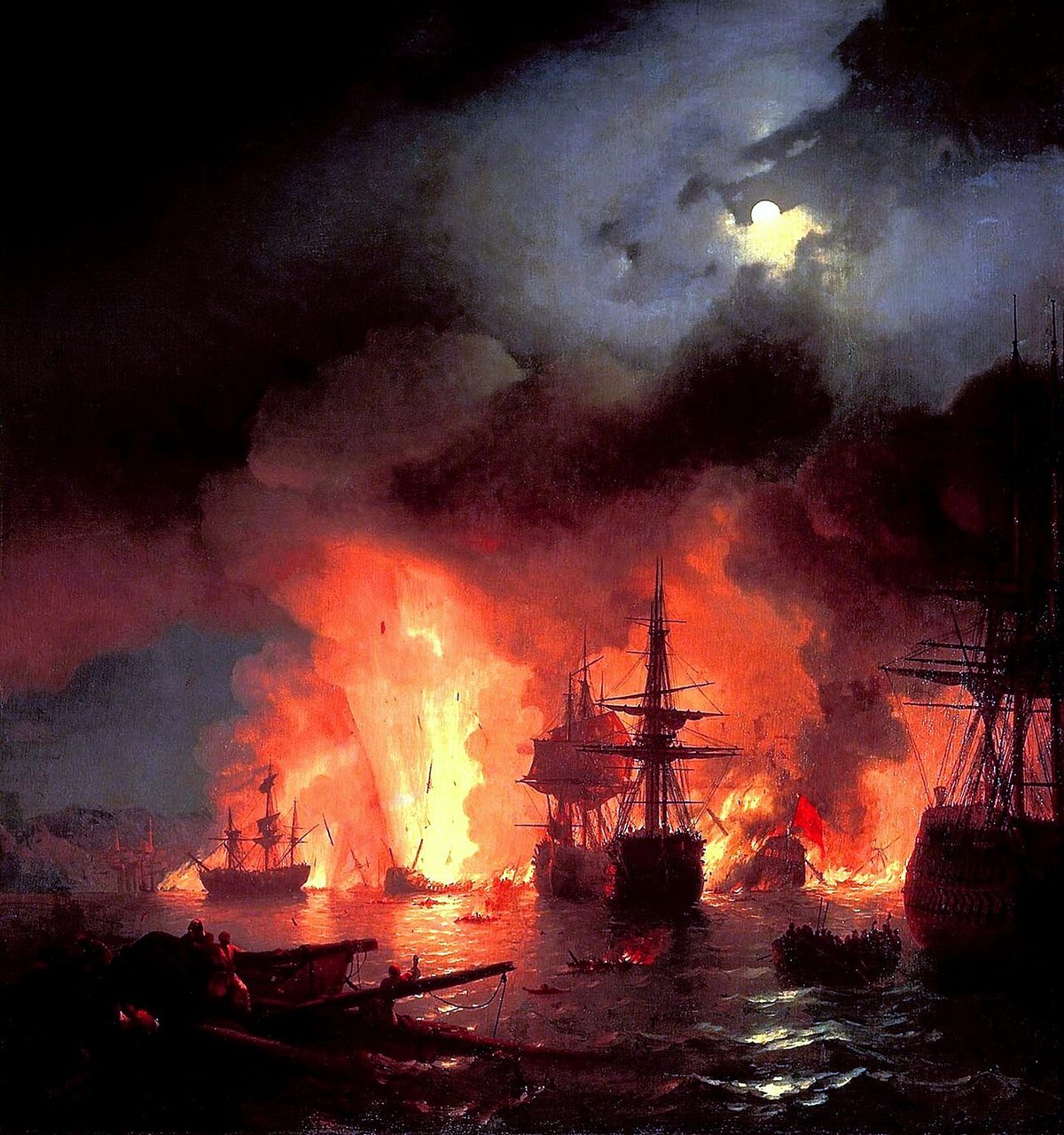 Ayvazovski'nin Çeşme Baskını'nı gece sahnesi olarak gösteren tablosu