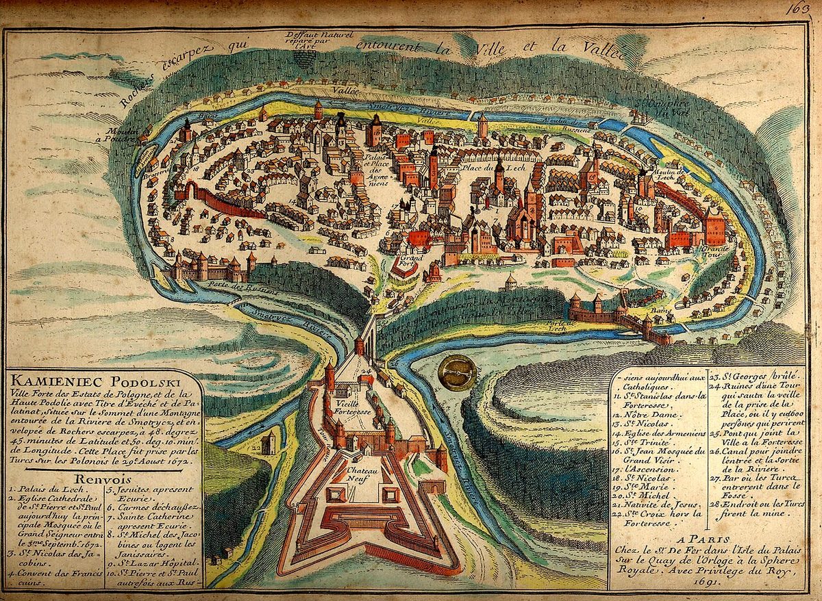 Kamaniçe şehrini ve kalesini gösteren 1691 tarihli harita