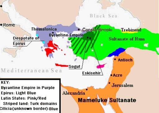 1328 yılında Bizans İmparatorluğu'nun sınırlarını gösteren harita