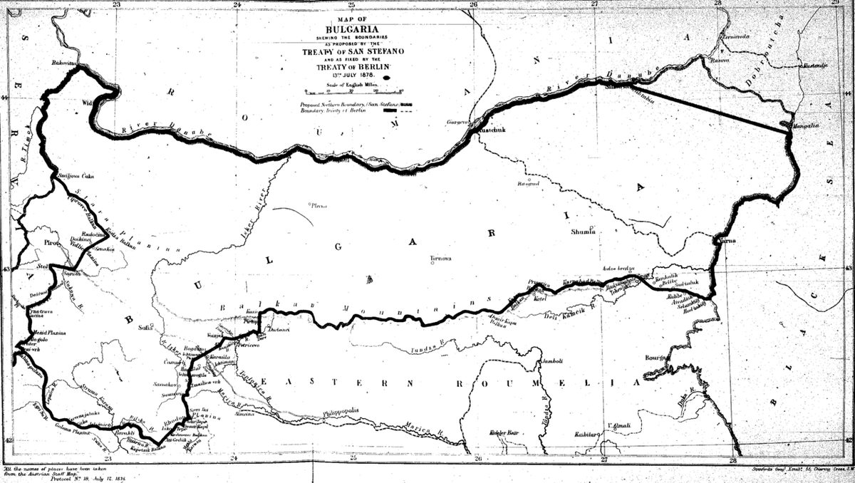 1878'de Ayastefanos'ta önerilen ve Berlin'de çizilen Bulgaristan sınırlarını gösteren harita