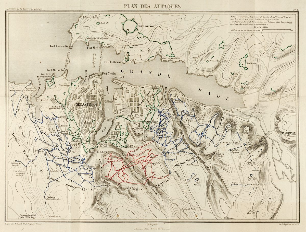 1855'te Sivastopol çevresindeki savunma ve kuşatma hatlarını gösteren harita