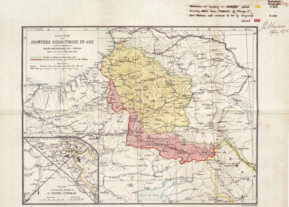1878 antlaşmalarıyla değişen Osmanlı sınırlarını gösteren harita