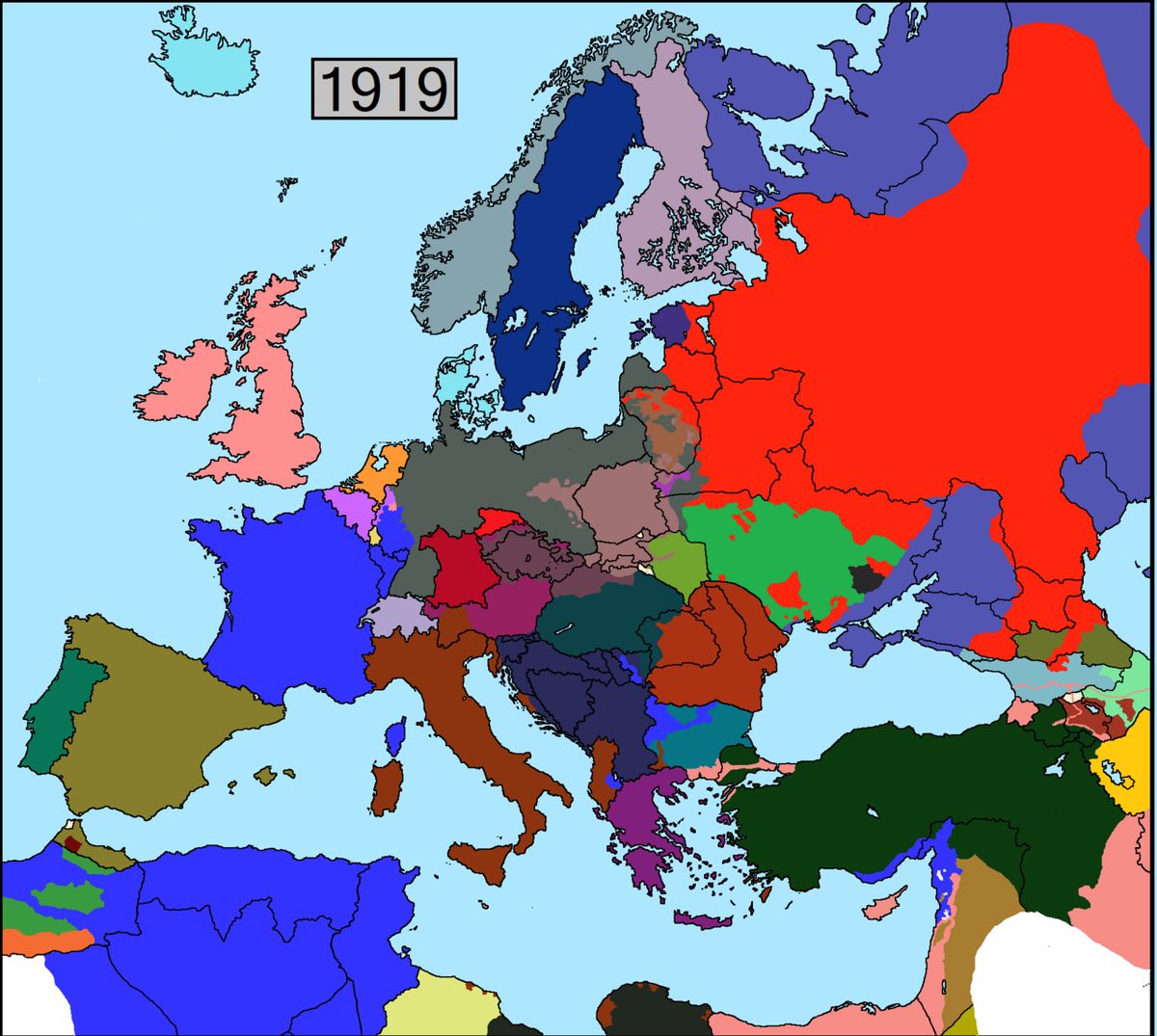 1 Ocak 1919 tarihli Avrupa ve Yakın Doğu siyasi haritası
