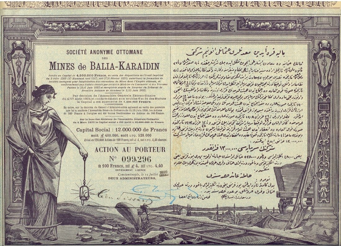 Balya-Karaaydın maden şirketinin 1920 tarihli hisse senedi