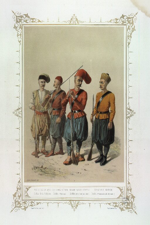 Jean Brindesi'nin 1855 tarihli albümünde aralarında bir Nizam-ı Cedid neferinin de bulunduğu Osmanlı asker kıyafetleri