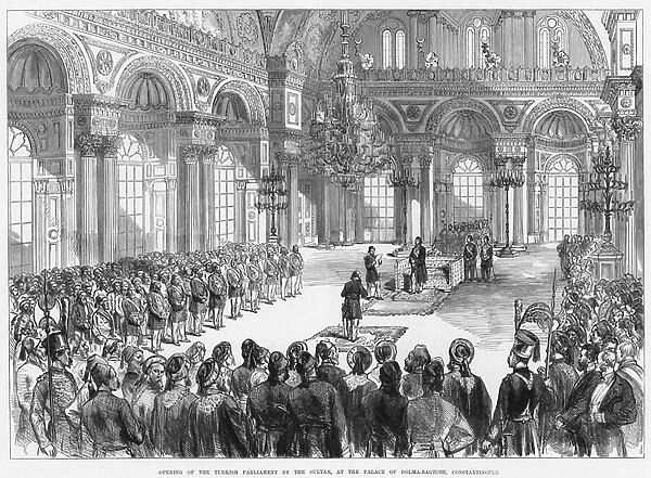 Padişahın Dolmabahçe Sarayı'nda Osmanlı meclisini açışını gösteren 1877 tarihli gravür