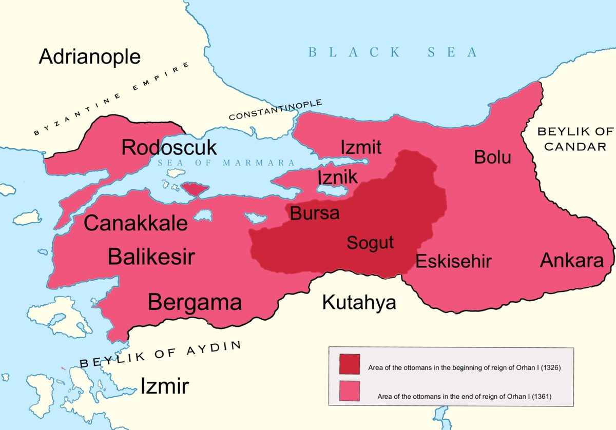 Orhan Bey döneminde Osmanlı topraklarını gösteren harita