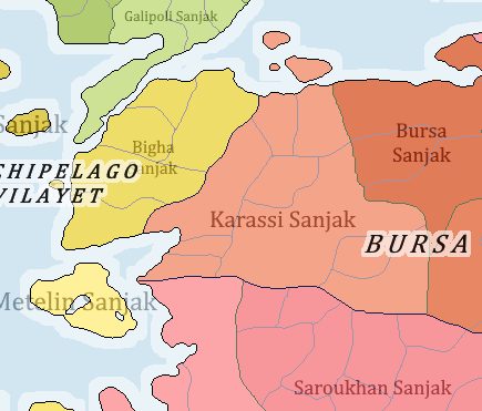 Karesi sancağını gösteren idari harita