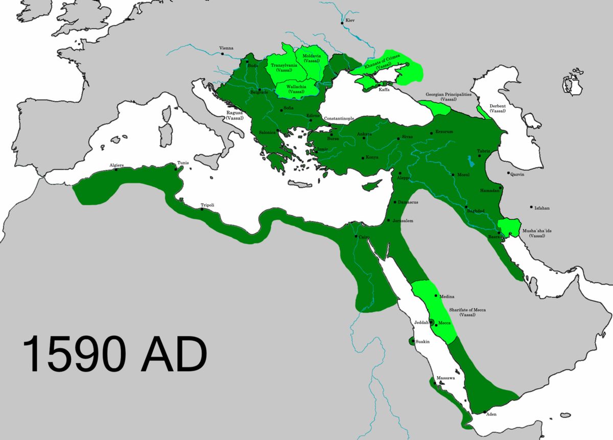 1590 dolayında Osmanlı Devleti ve bağlı toprakları gösteren harita