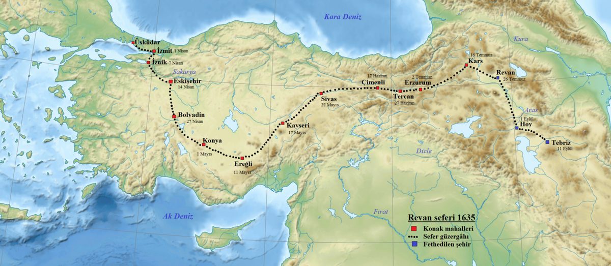 IV. Murad'ın 1635 Revan seferinin güzergâhını gösteren harita