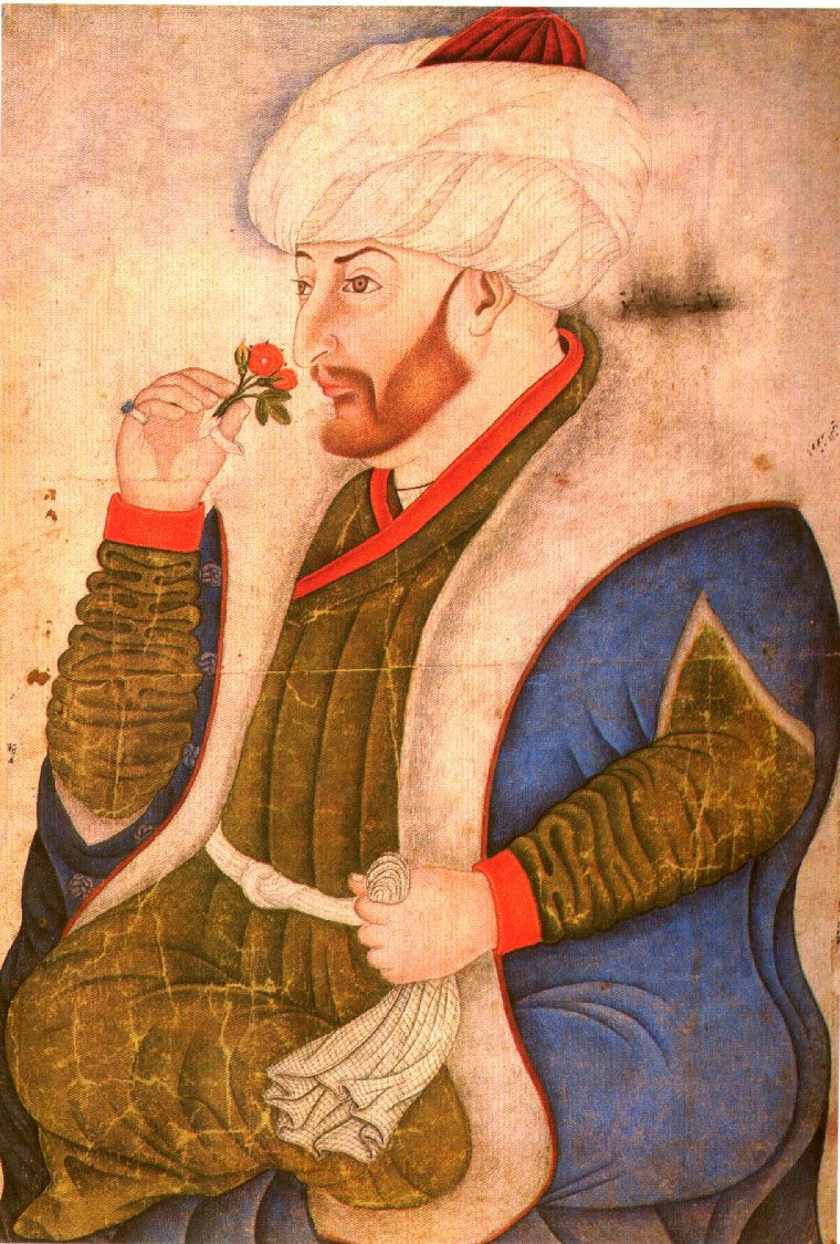 Saray albümünde Fatih Sultan Mehmed'in gül koklarken resmedildiği portre