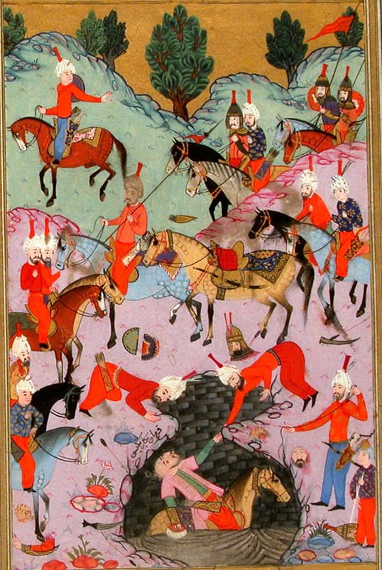 Âsafî'nin Şecâatnâme'sinden Murad Paşa'nın 1585'te esir düşüşünü gösteren minyatür (İÜ Kütüphanesi TY 6043)