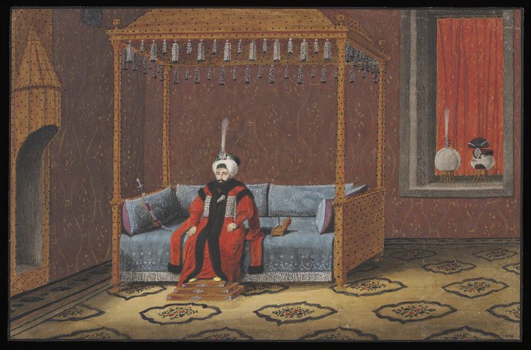 Tahtta oturan II. Mahmud'u gösteren tasvir
