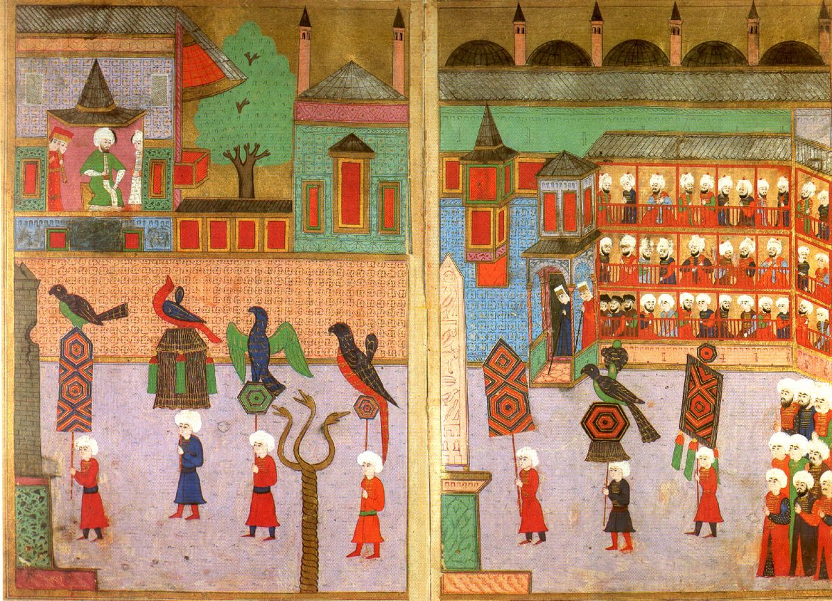 1582 Surname-i Hümayun'da Atmeydanı'nda padişahın önünden geçen kumaşçılar esnafı