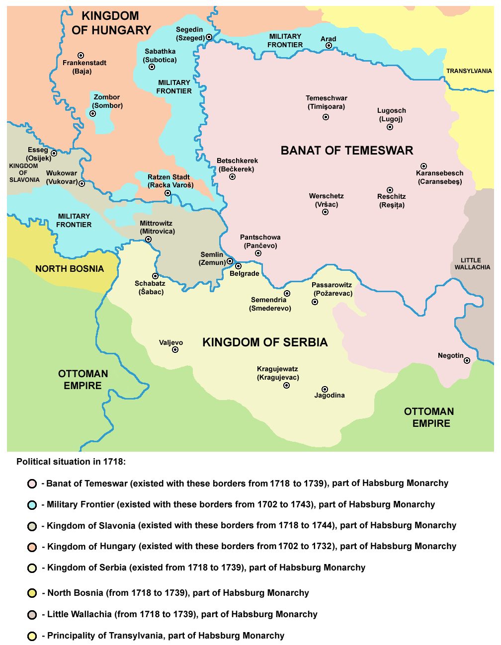 1718–1739 arasında Habsburg yönetimindeki Banat ve Sırbistan bölgesini gösteren harita