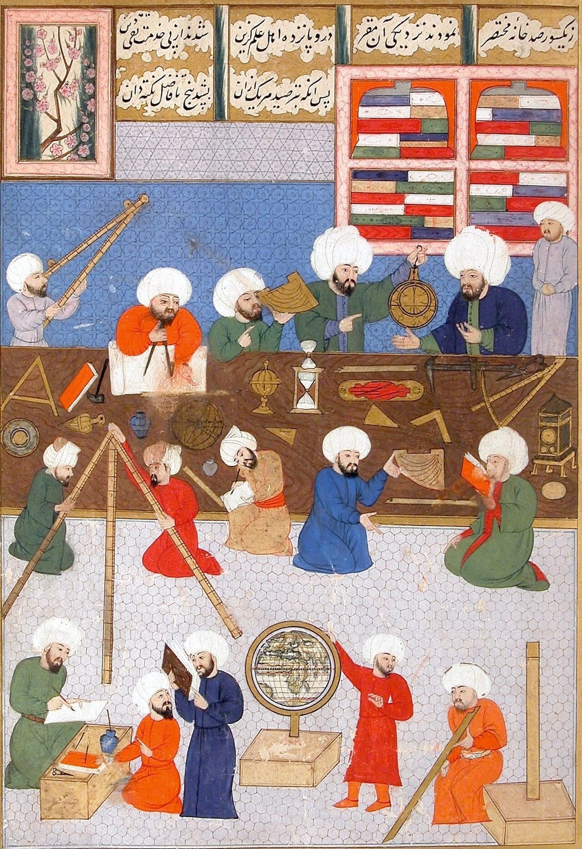 Takiyüddin ve çalışma arkadaşlarını gözlemevinde aletlerle gösteren Osmanlı minyatürü