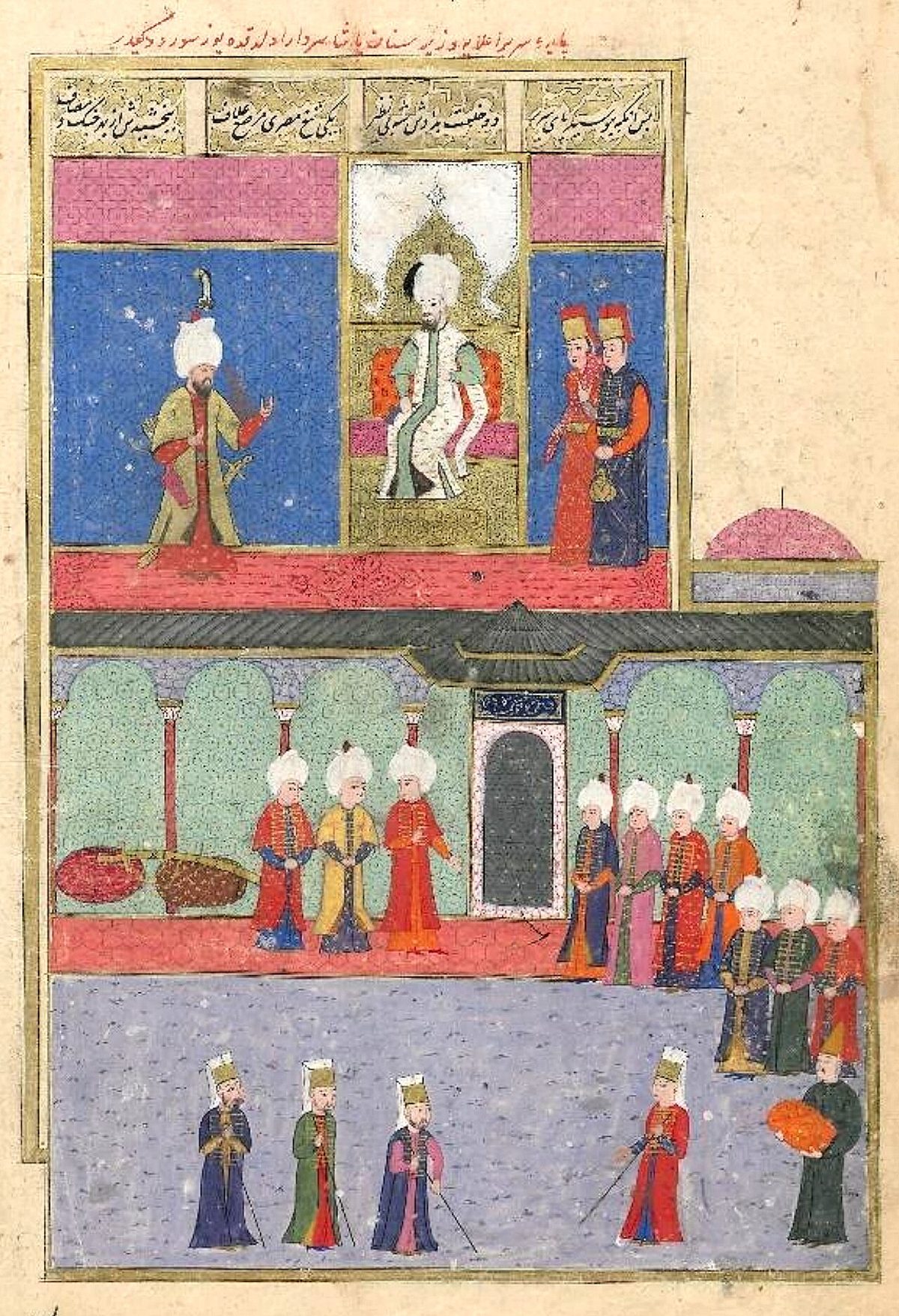 III. Murad'ın Sinan Paşa'ya hilat giydirmesini gösteren minyatür