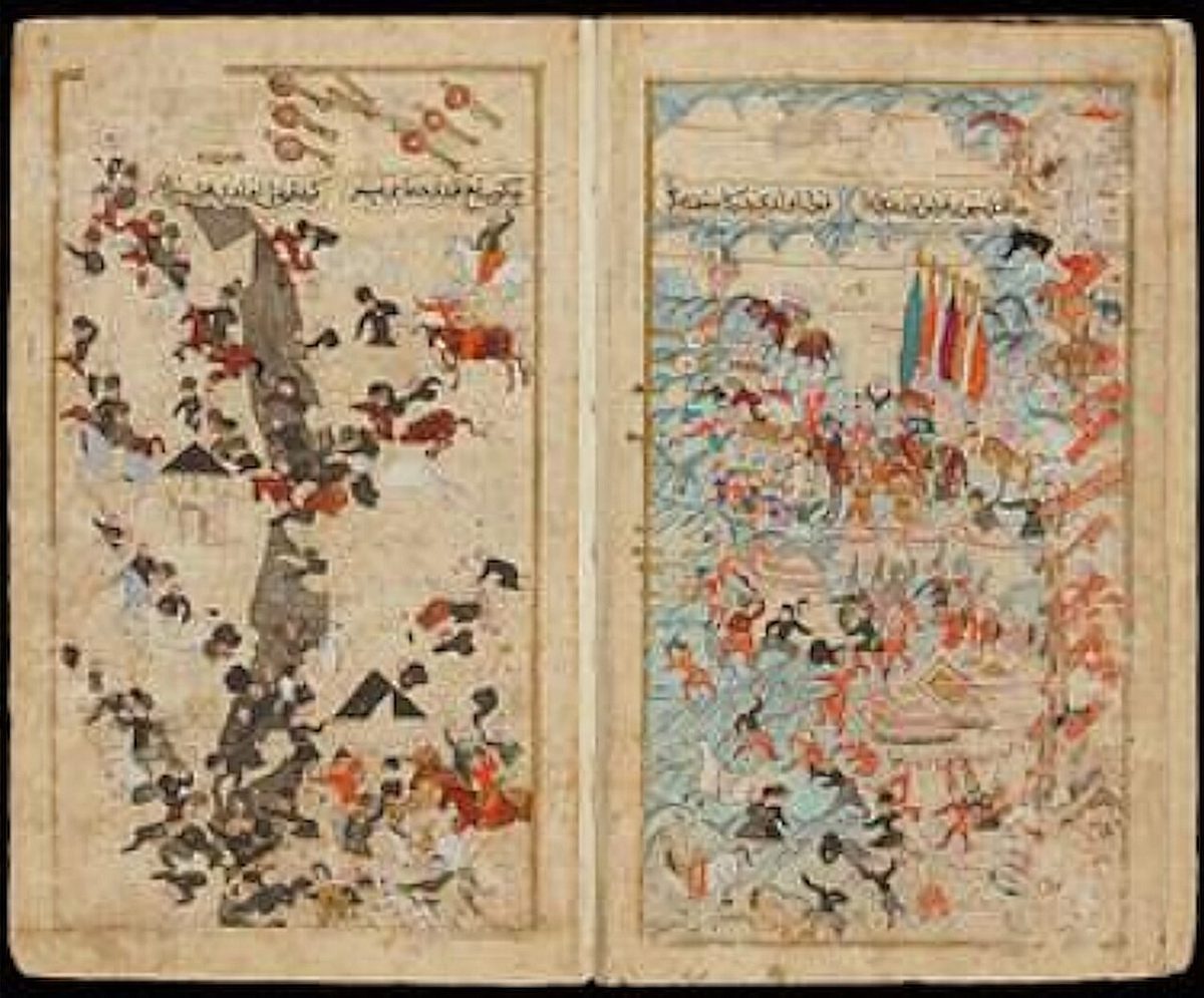 Seyyid Lokman'ın III. Mehmed'in Macaristan seferini anlatan eserinden Haçova Muharebesi minyatürü (İstanbul, 1600 dolayı)
