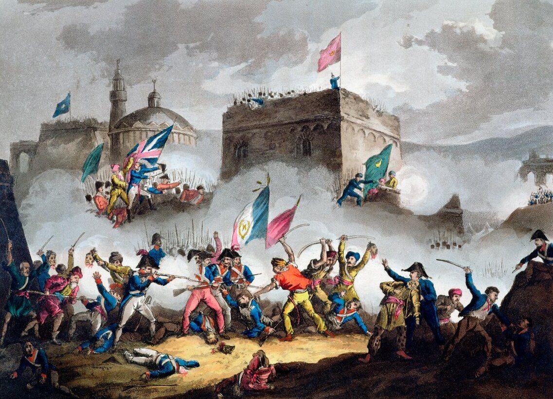 8 Mayıs 1799'da Akka surlarındaki gediğin savunulmasını gösteren gravür