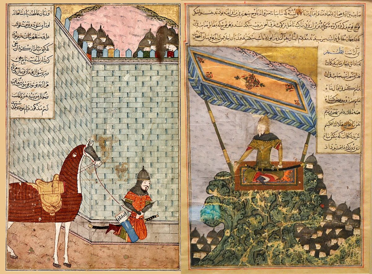 1436 tarihli Zafernâme nüshasında Timur'un ordusunu denetlemesini gösteren minyatür