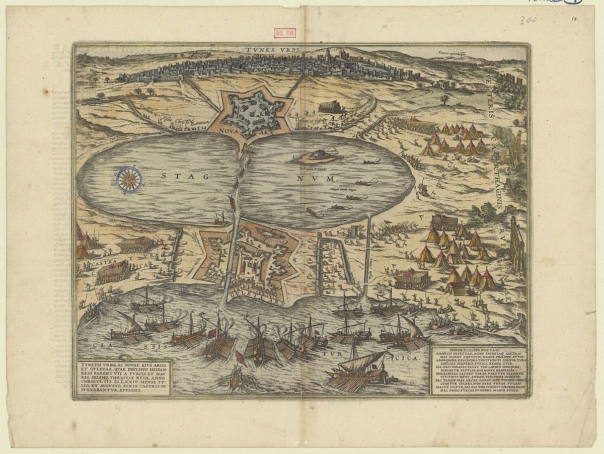 1574 Temmuz-Ağustos kuşatmasında Tunus, yeni kale ve Halkulvâdî'yi gösteren Latince başlıklı harita