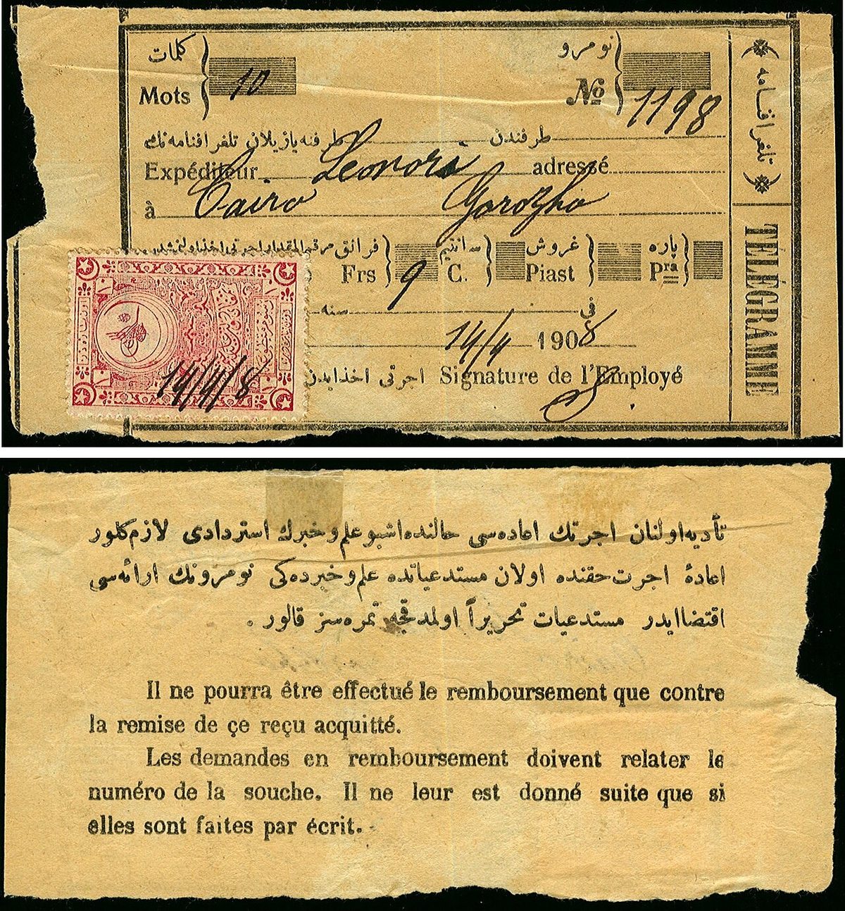 1908 tarihli, damga pulu taşıyan bir Osmanlı telgraf makbuzu