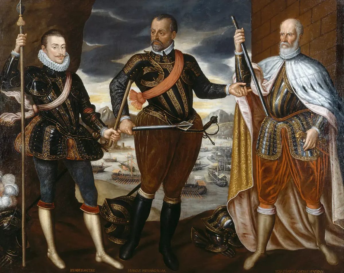 İnebahtı'daki müttefik komutanlar: Avusturyalı Juan, Marcantonio Colonna ve Sebastiano Venier