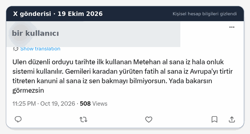X gönderisi ekran görüntüsü, kişisel hesap bilgileri gizlendi