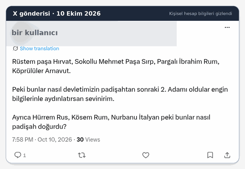 X gönderisi ekran görüntüsü, kişisel hesap bilgileri gizlendi