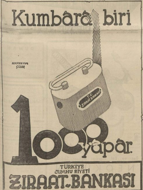 Tan gazetesinde yayımlanmış 1938 tarihli bir Ziraat Bankası ilanı